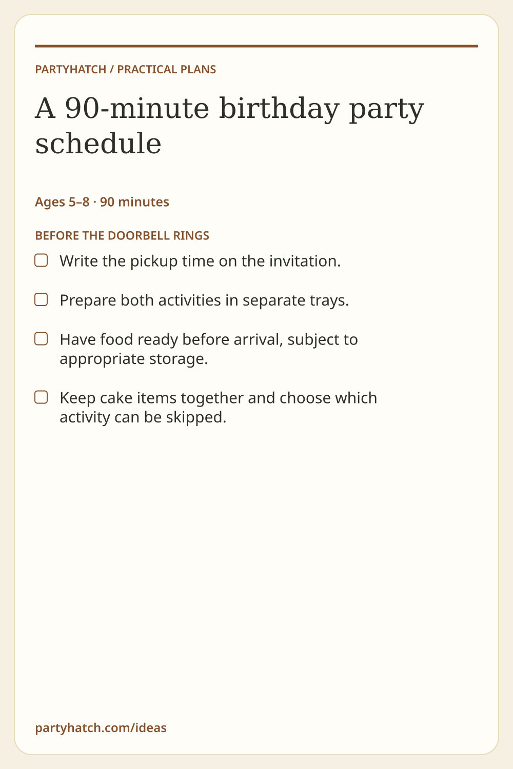 A 90-minute birthday party schedule: preparation checklist. Full text appears above.