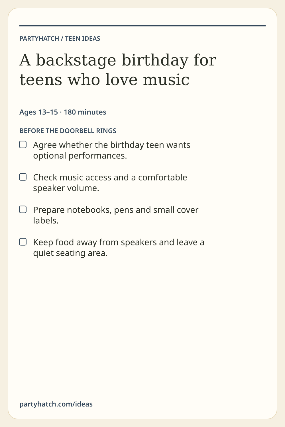A backstage birthday for teens who love music: preparation checklist. Full text appears above.