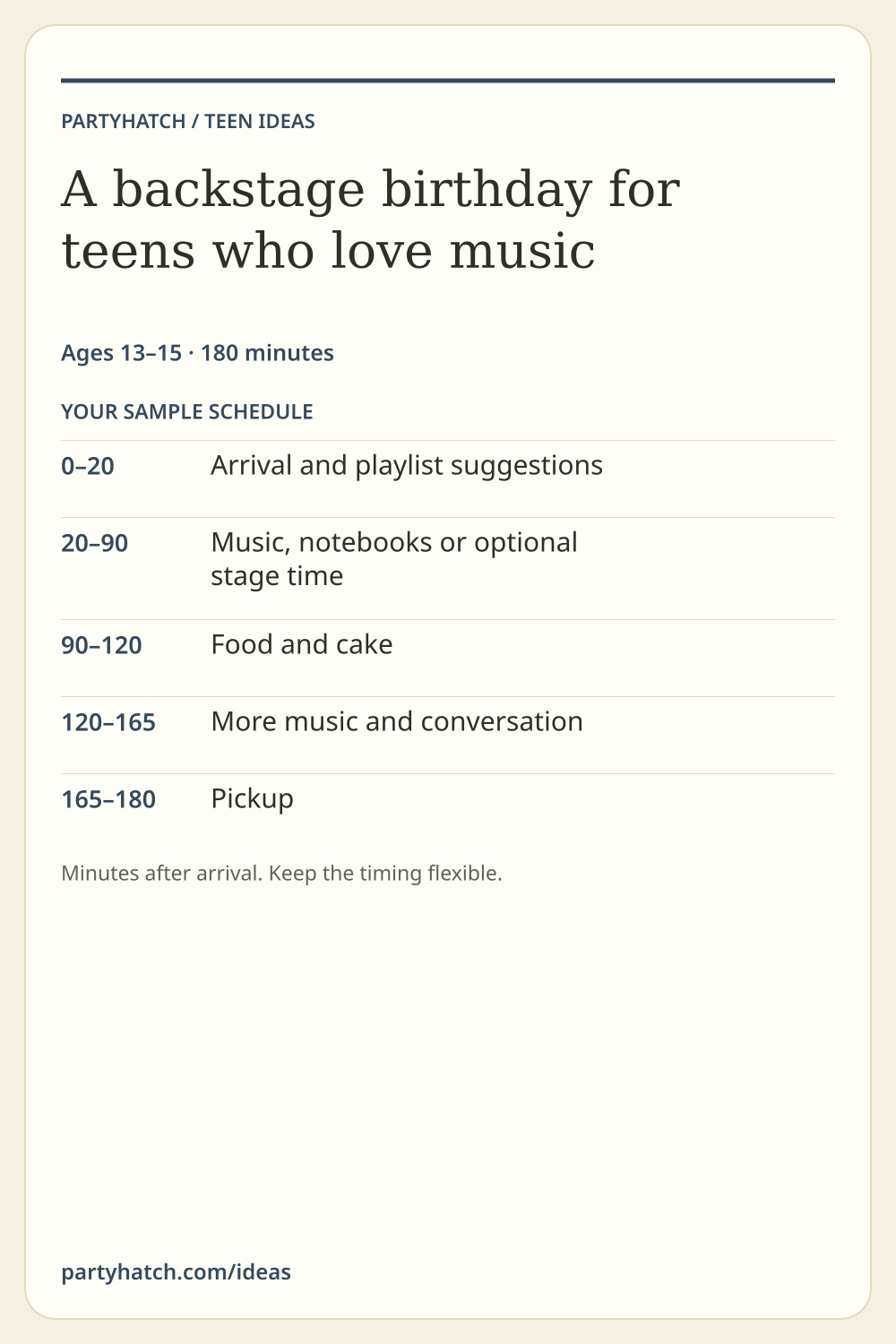 A backstage birthday for teens who love music: sample schedule. Full text appears above.