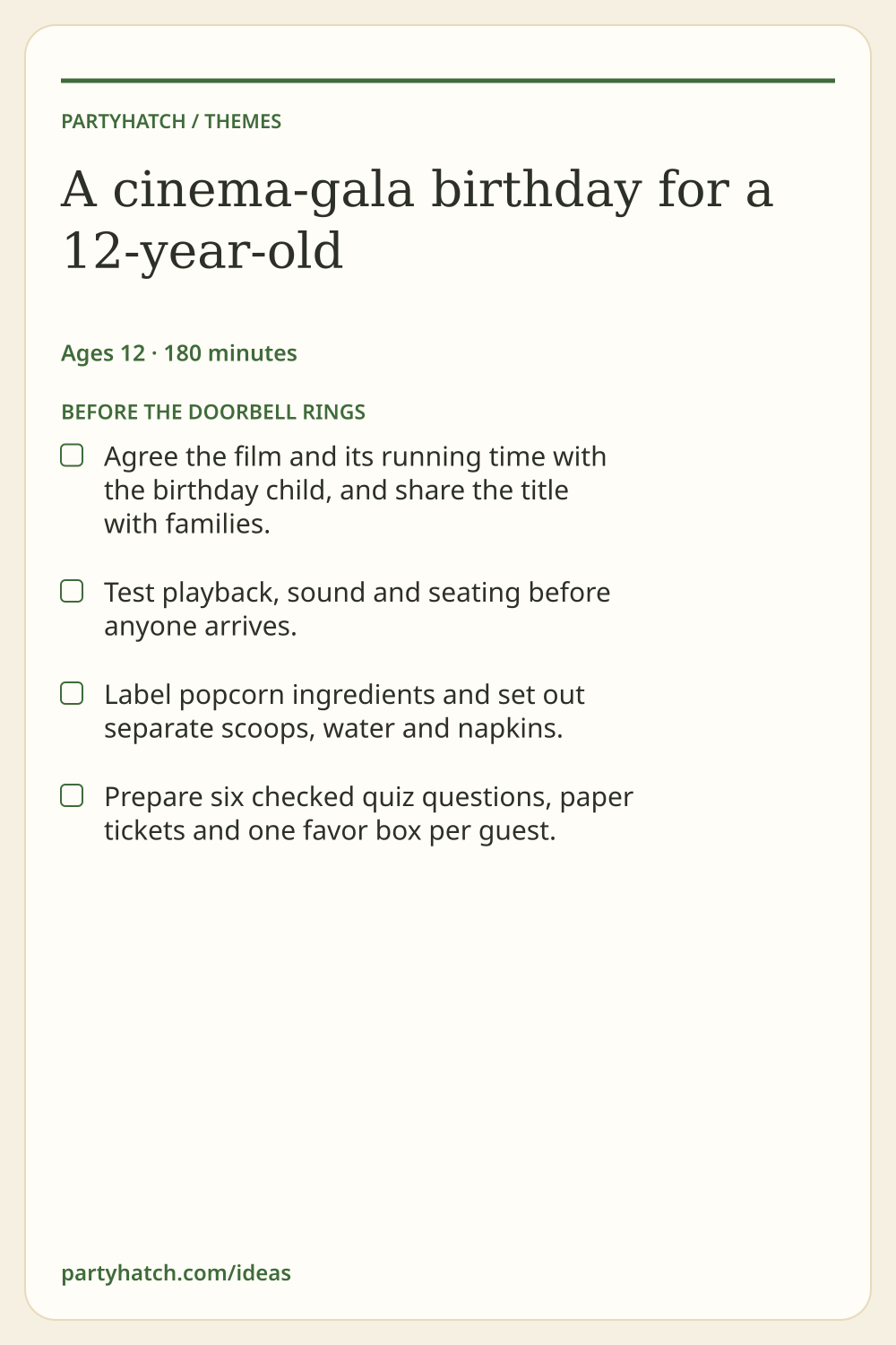 A cinema-gala birthday for a 12-year-old: preparation checklist. Full text appears above.