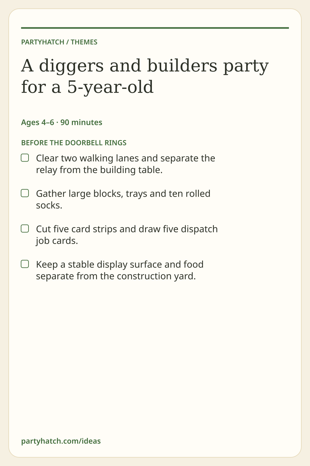 A diggers and builders party for a 5-year-old: preparation checklist. Full text appears above.