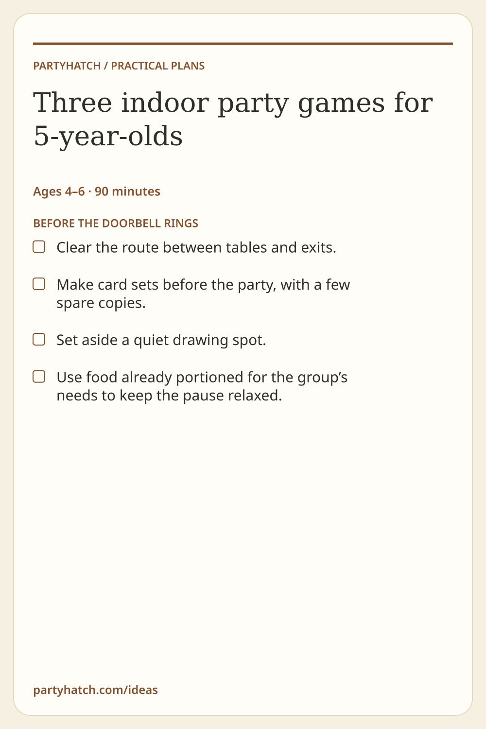 Three indoor party games for 5-year-olds: preparation checklist. Full text appears above.