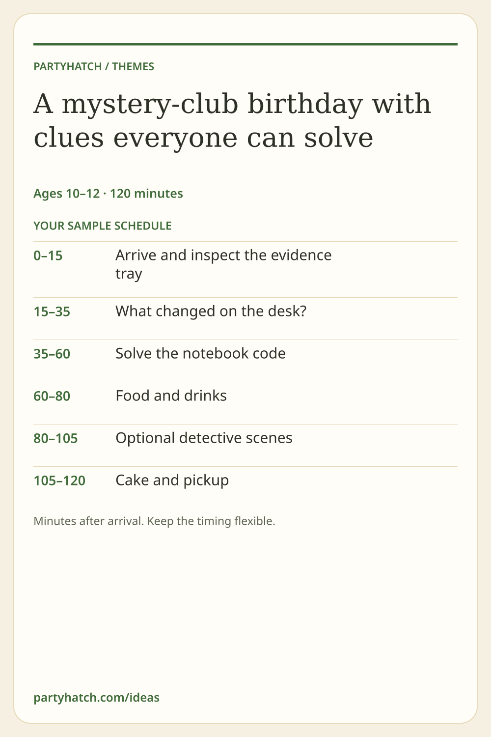A mystery-club birthday with clues everyone can solve: sample schedule. Full text appears above.