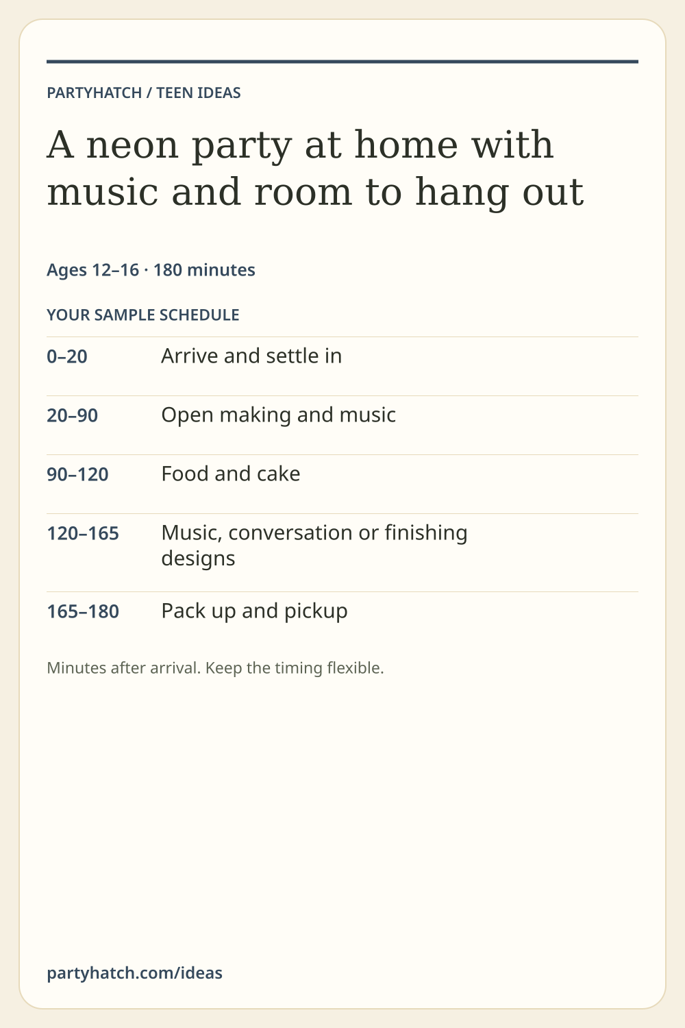 A neon party at home with music and room to hang out: sample schedule. Full text appears above.