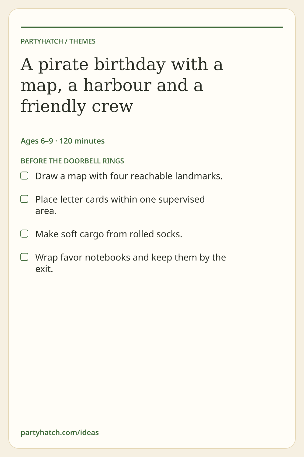 A pirate birthday with a map, a harbour and a friendly crew: preparation checklist. Full text appears above.