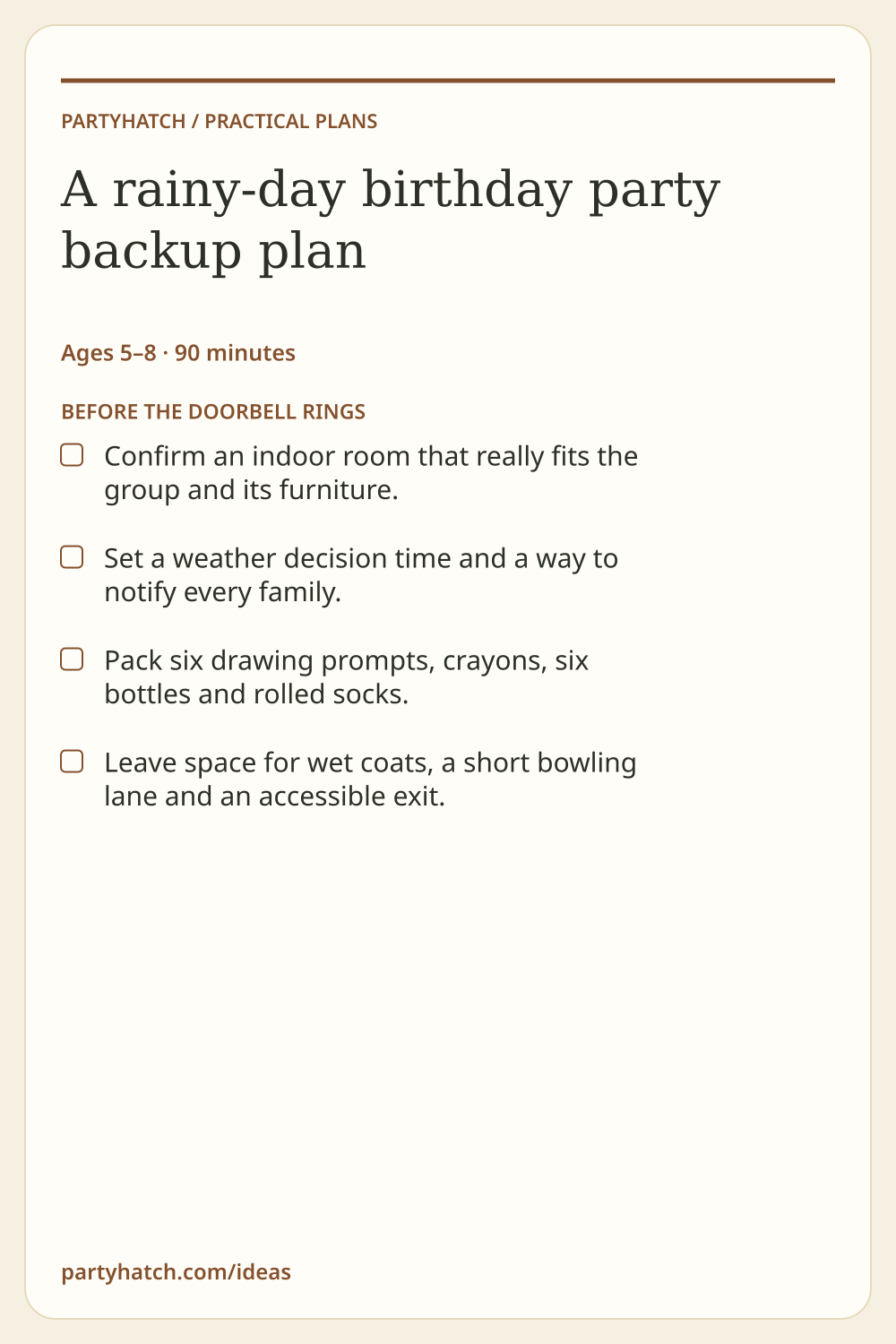 A rainy-day birthday party backup plan: preparation checklist. Full text appears above.