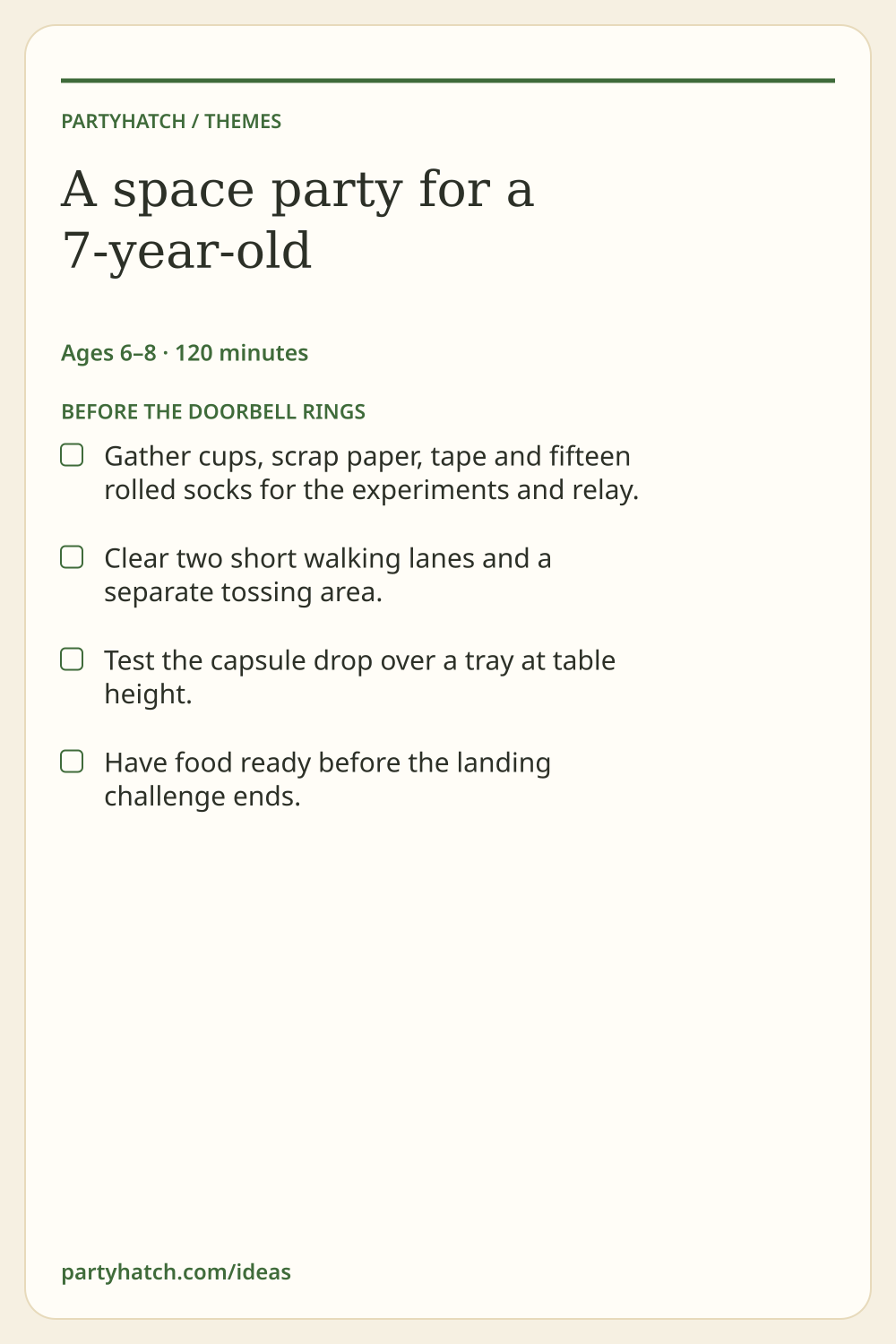 A space party for a 7-year-old: preparation checklist. Full text appears above.