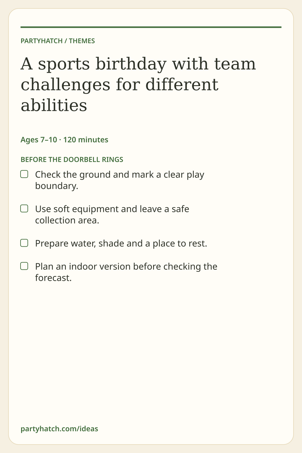 A sports birthday with team challenges for different abilities: preparation checklist. Full text appears above.