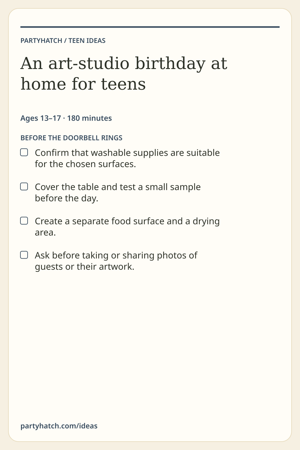 An art-studio birthday at home for teens: preparation checklist. Full text appears above.