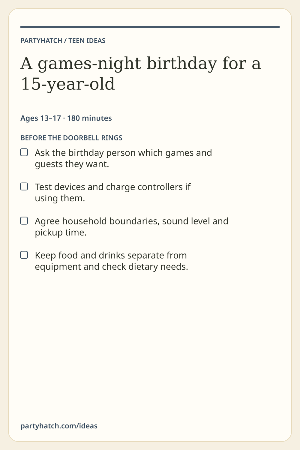 A games-night birthday for a 15-year-old: preparation checklist. Full text appears above.