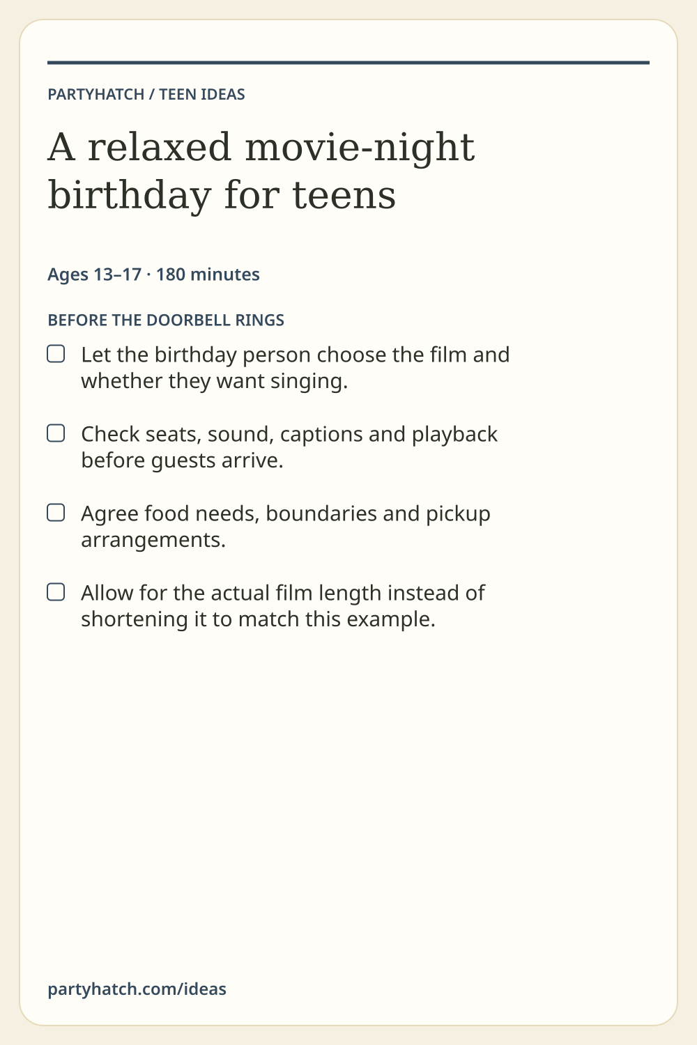 A relaxed movie-night birthday for teens: preparation checklist. Full text appears above.