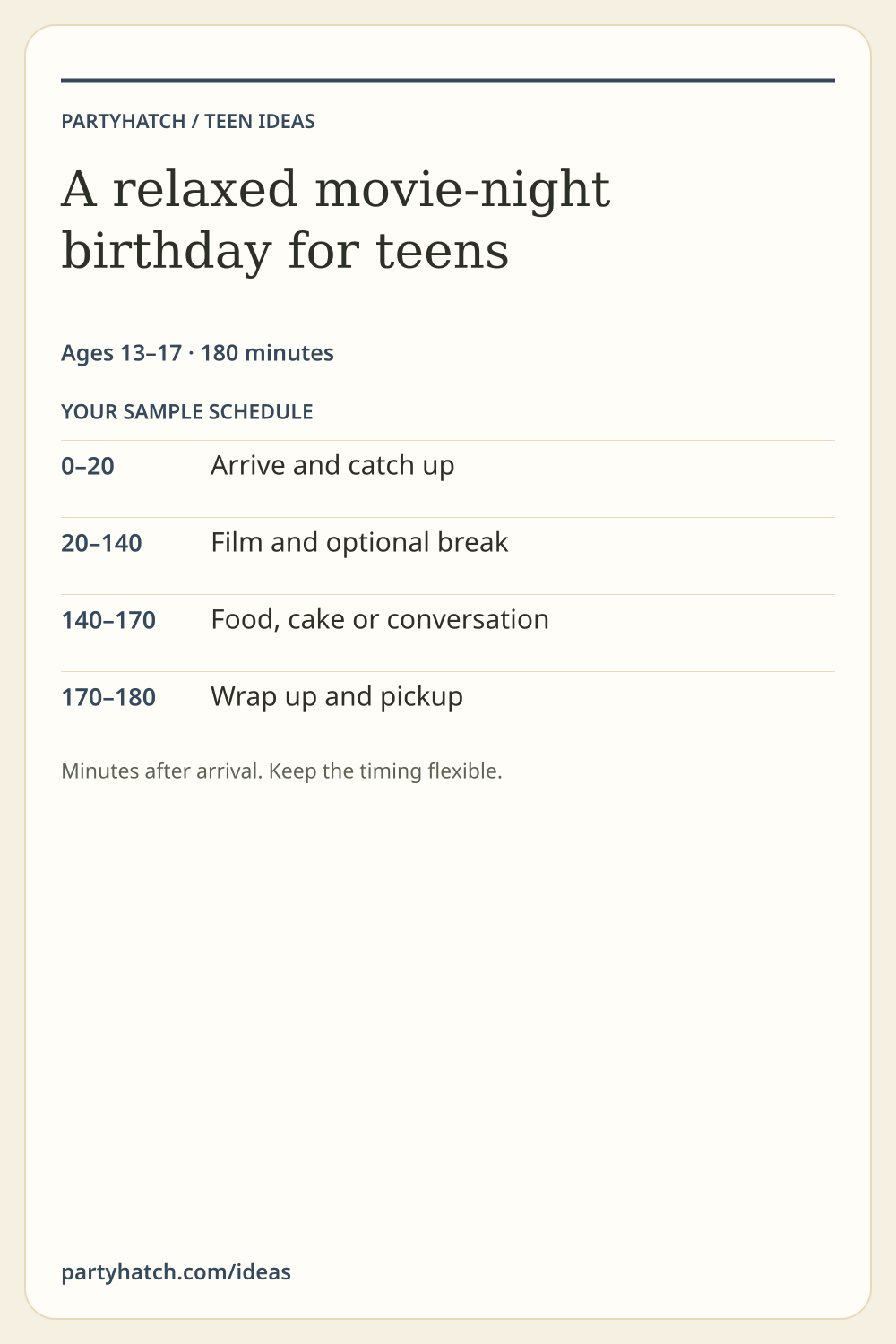A relaxed movie-night birthday for teens: sample schedule. Full text appears above.