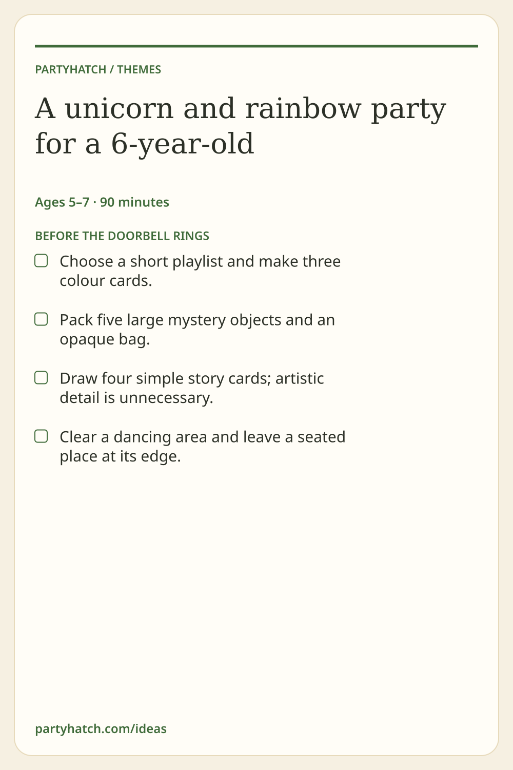 A unicorn and rainbow party for a 6-year-old: preparation checklist. Full text appears above.