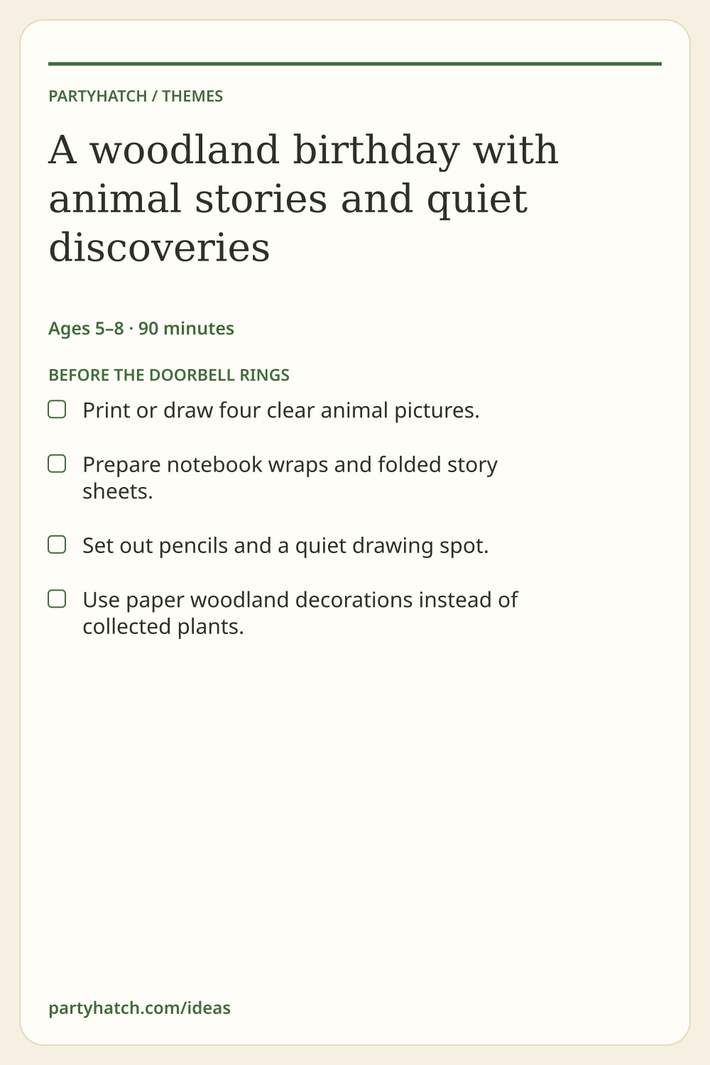A woodland birthday with animal stories and quiet discoveries: preparation checklist. Full text appears above.