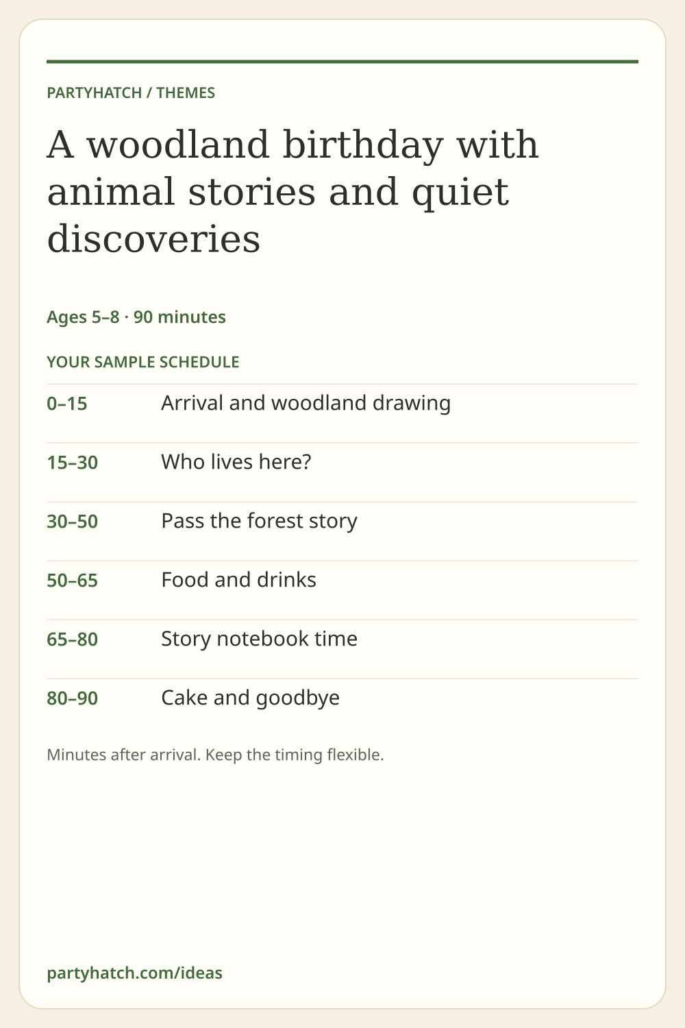 A woodland birthday with animal stories and quiet discoveries: sample schedule. Full text appears above.